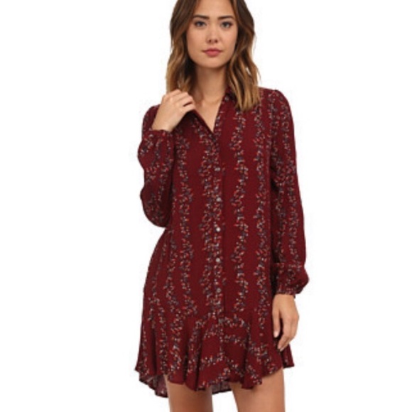 Free People Dresses & Skirts - Free People burgundy floral long sleeve button down shirtdress with pockets, XS